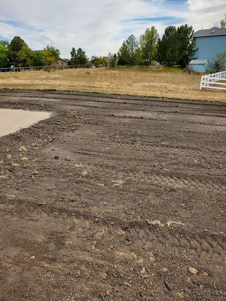 Dirt lot with tire tracks, a concrete edge, and a grassy hill with trees and houses in the background.