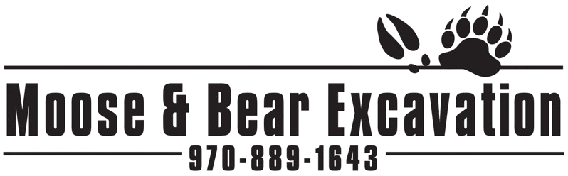 Logo for Moose & Bear Excavation: text over a horizontal line with paw prints and phone number 970-889-1643.
