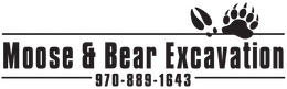 Logo for Moose & Bear Excavation: text over a horizontal line with paw prints and phone number 970-889-1643.