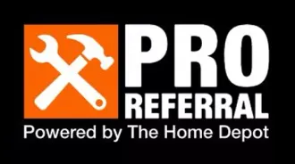 Logo for Pro Referral powered by The Home Depot. Orange square with crossed wrench and hammer, white text
