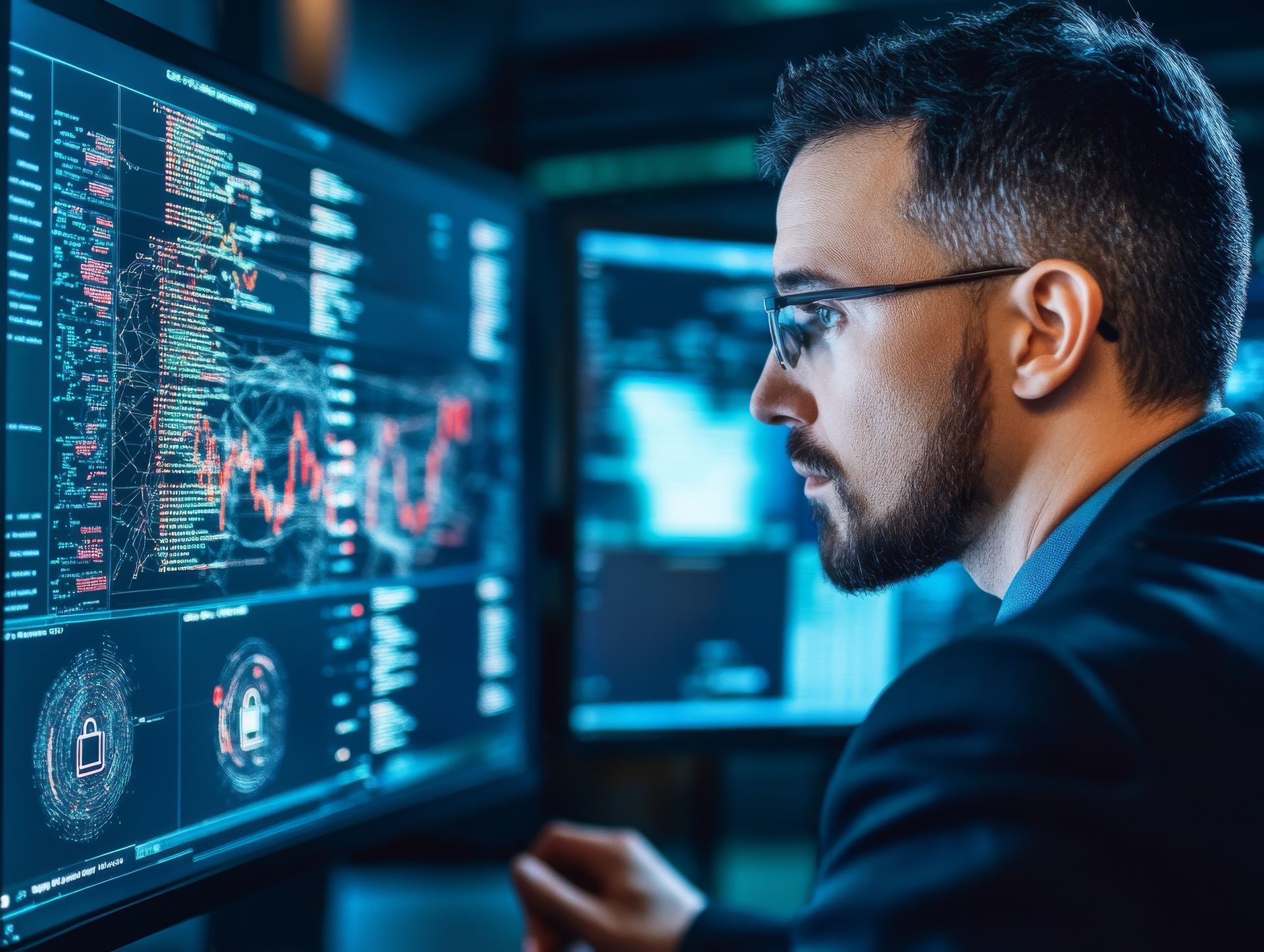 A person in glasses looking at multiple screens displaying complex data charts and graphs in a dark office setting.