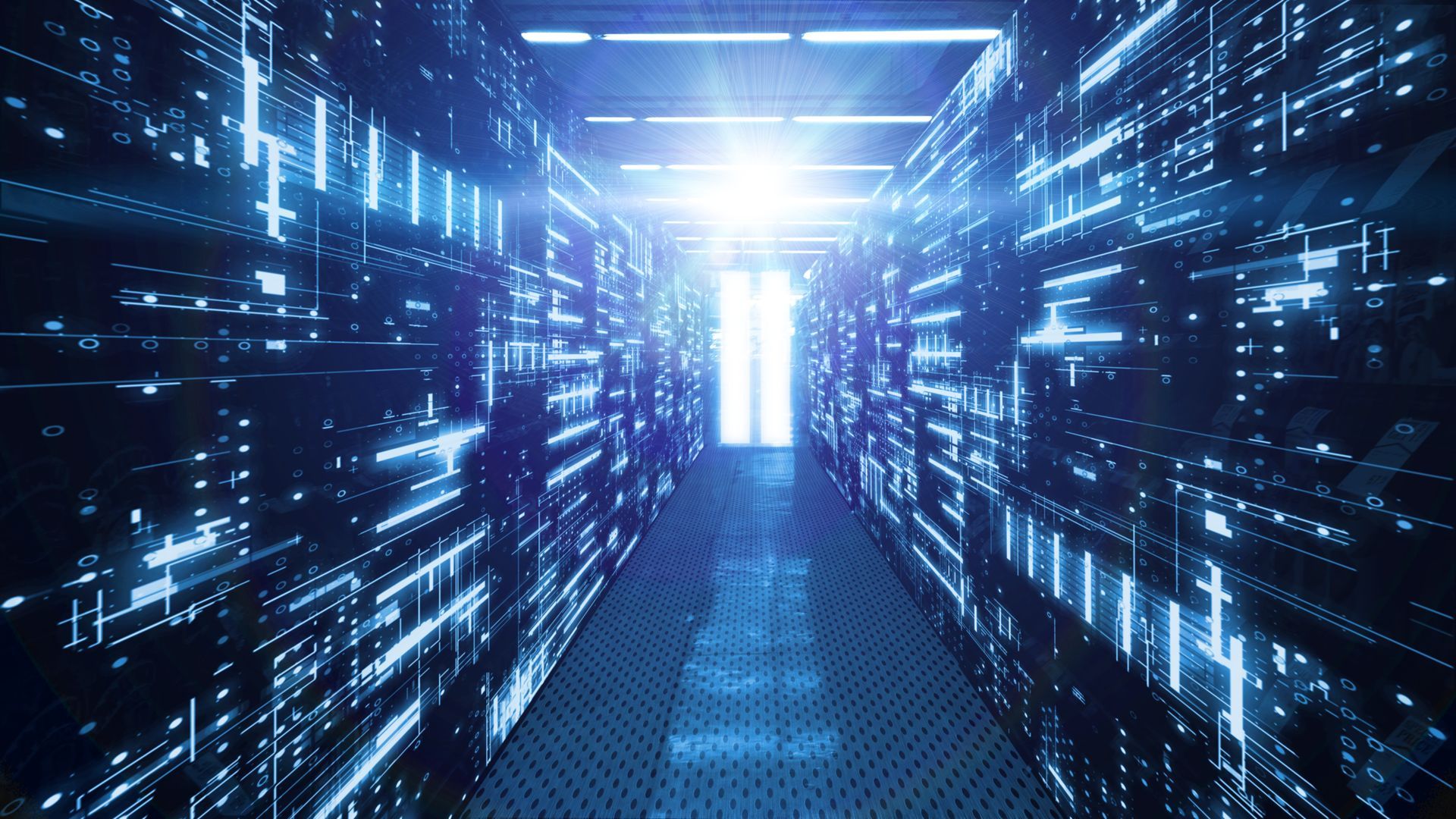 A futuristic server room corridor with glowing blue data lines and a bright light at the end of the aisle.