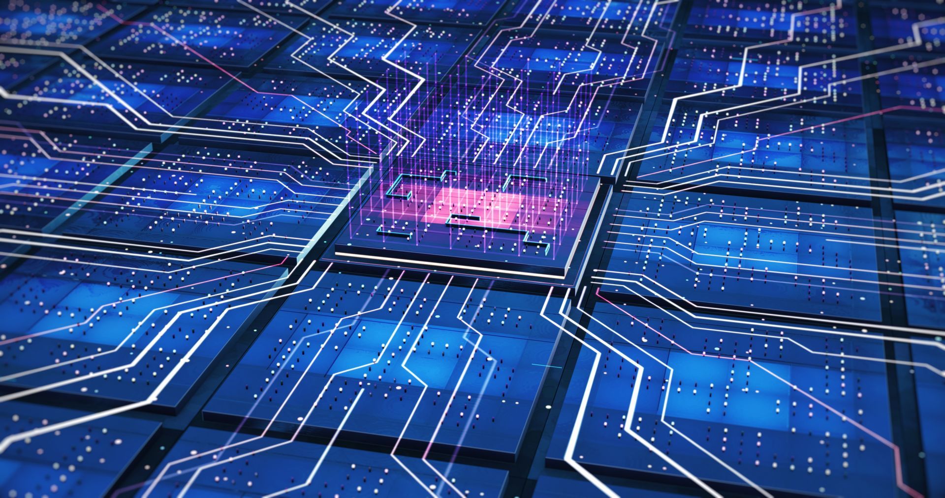 A digital visualization of a glowing computer processor chip surrounded by a network of interconnected blue circuit lines.
