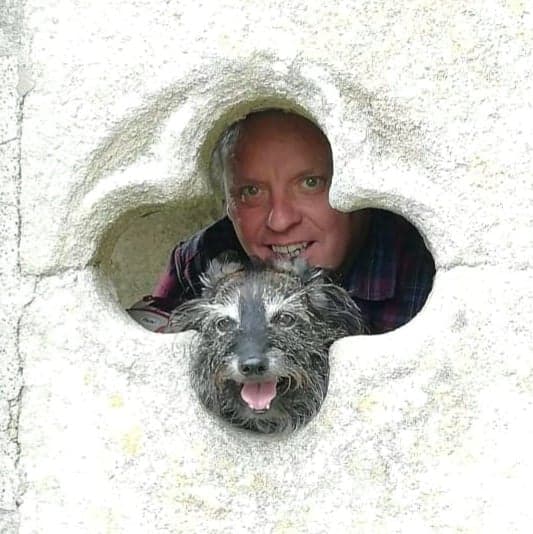 Ray and Jimi Ray Pawlett, owner and founder of Ki-Ways, with his little terrier dog, Jimi Noggin