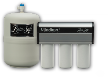 Three blue water filters are hanging on a blue wall.