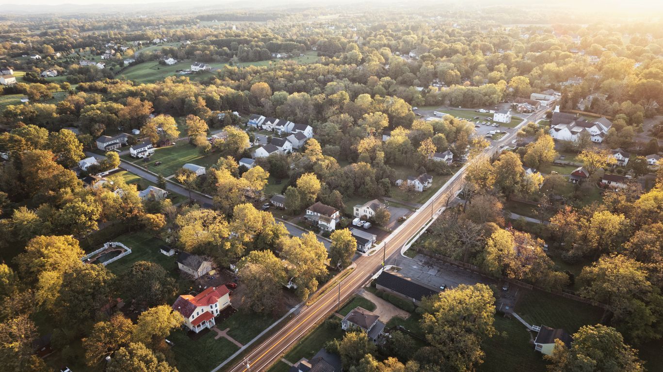 An aerial view of a residential area with trees and a road.