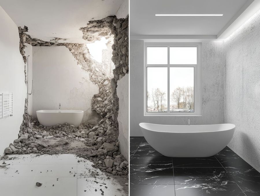 A bathroom with two sinks , a toilet , and a bathtub.