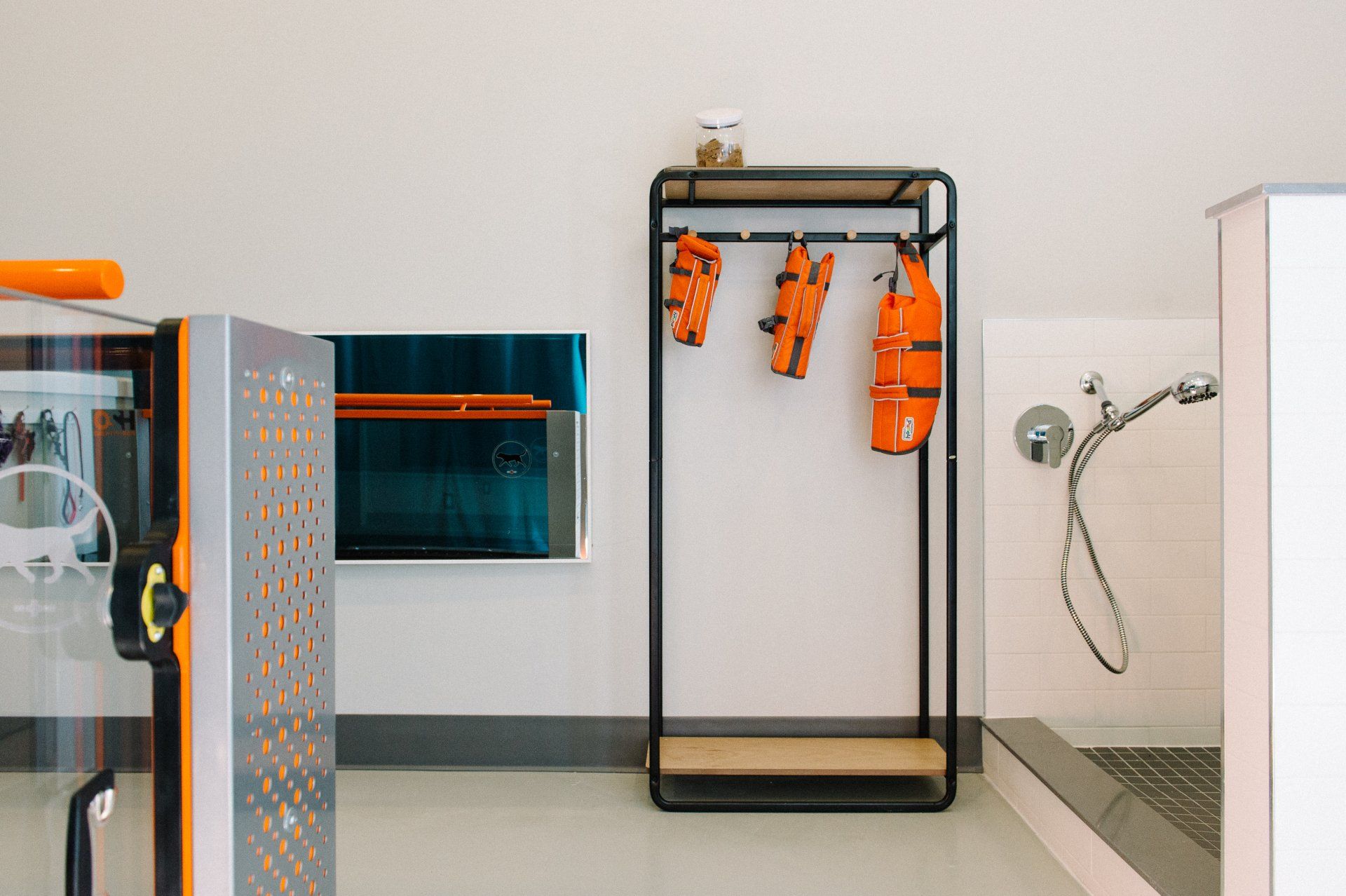 Life jackets hanging on rack