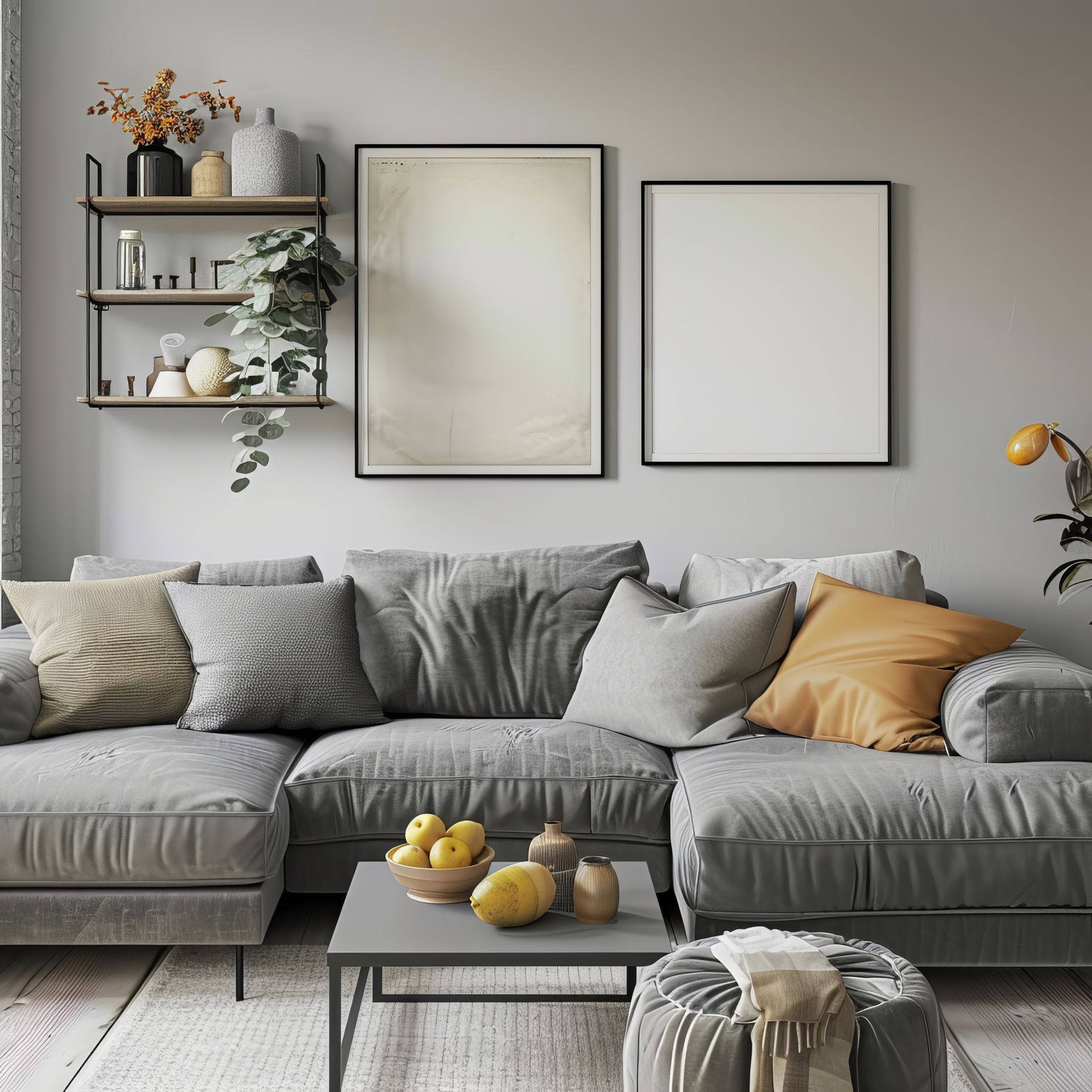 A living room with a couch and a coffee table.