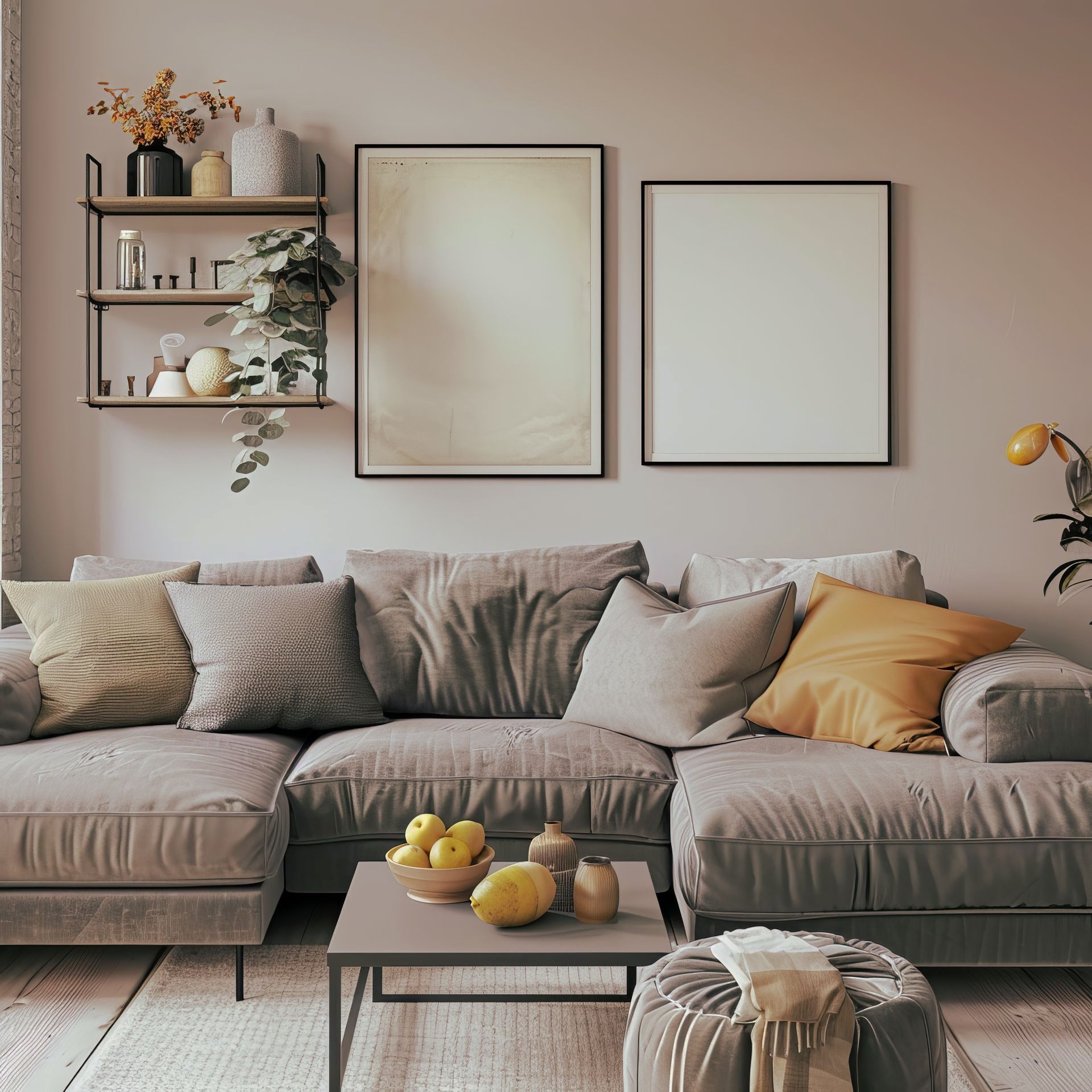 A living room with a couch and a coffee table