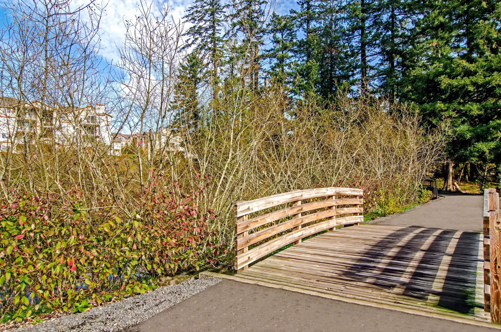 Wooden pedestrian bridge over a paved path in a landscaped community park.