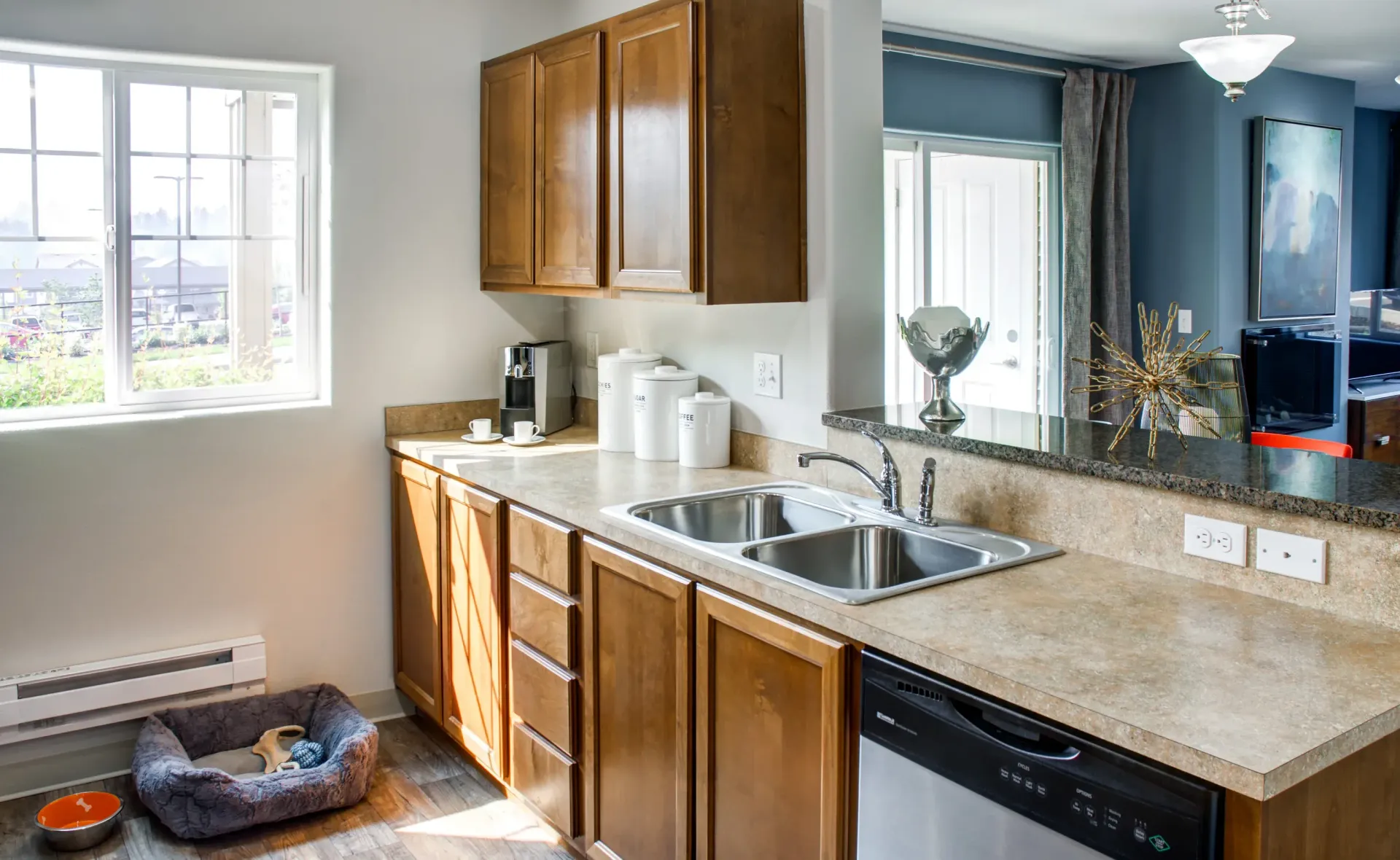 Kitchen with wood cabinets, double sink, and a dishwasher; dog bed on floor by a window.
