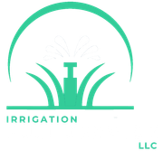 A logo for irrigation company with a sprinkler in the middle of a field of grass.