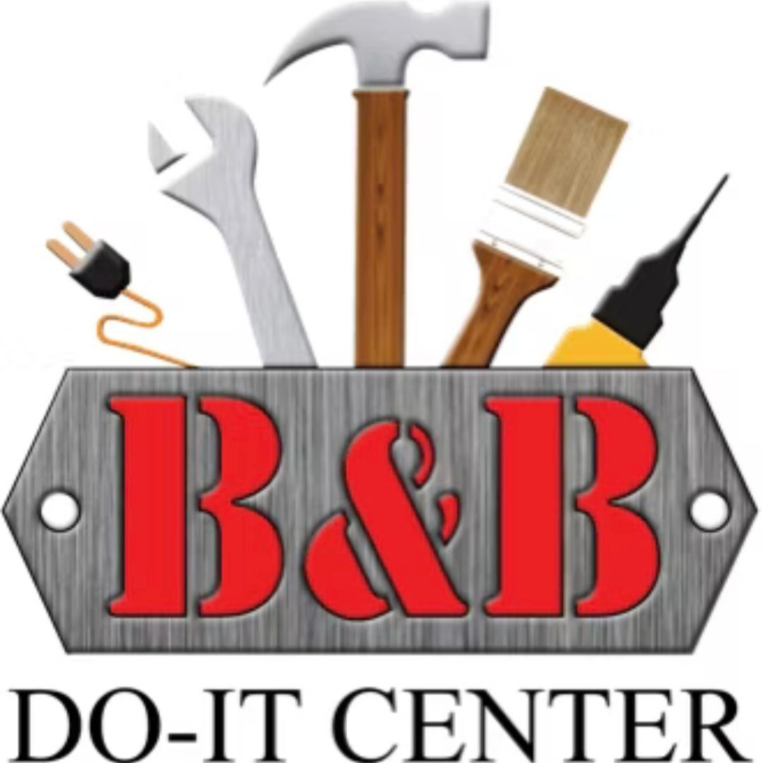 A logo for "B&B Do-It Center" featuring a gray metal plate with red letters, topped with a hammer, wrench, brush, and plug.
