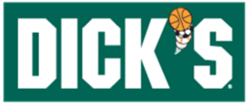 Dick's Sporting Goods logo, white text on a green background. Includes a basketball and soccer ball graphic.