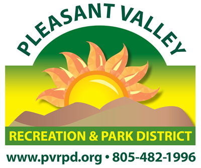 Pleasant Valley Recreation & Park District logo. Sun over mountains, green arc above, website and phone number below.