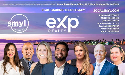 Real estate ad: Team of agents in front of a beach at sunset, with contact info for SMYL EXP Realty.