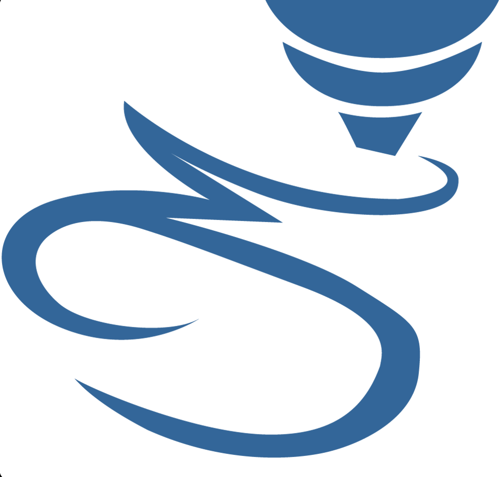 Blue and white logo of a 3D printer nozzle and curved lines forming a stylized 'S'.