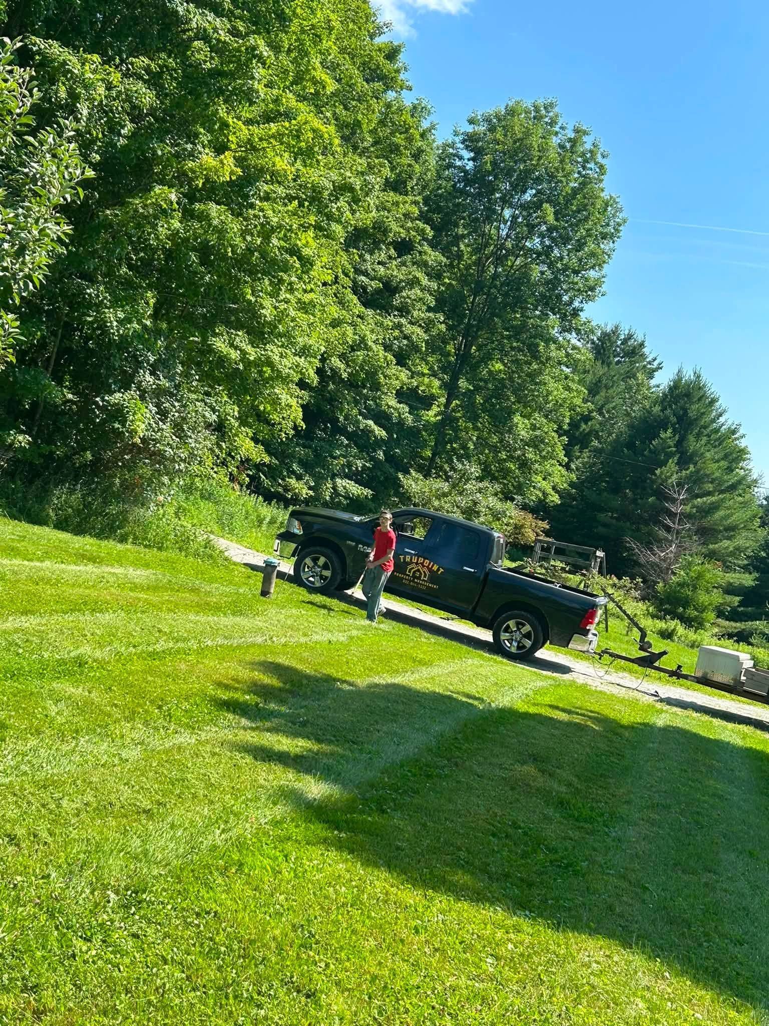 Black pickup truck with a person standing beside it on a sunny grassy slope near trees.