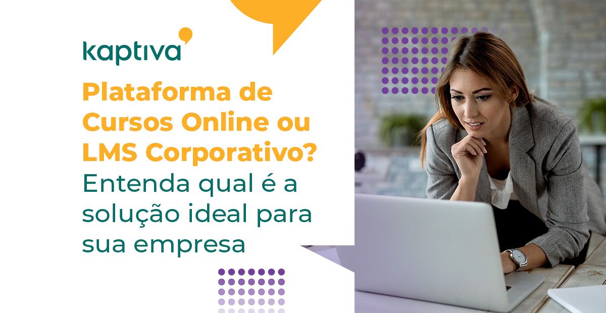 Mulher usando um laptop com o texto 