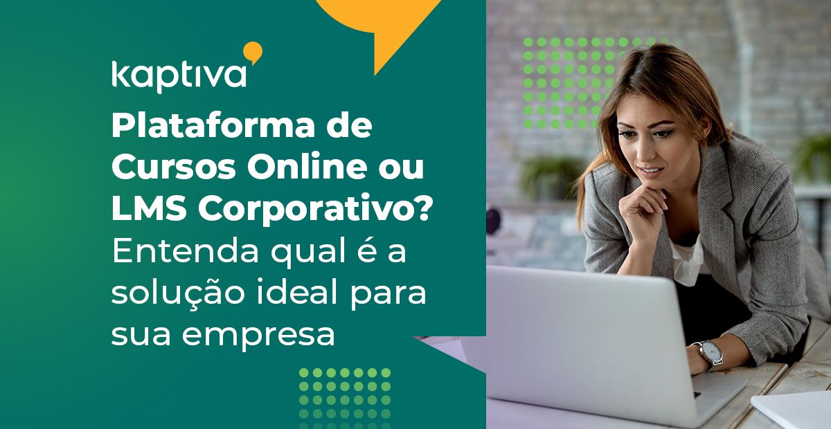 Mulher usando um laptop com o texto