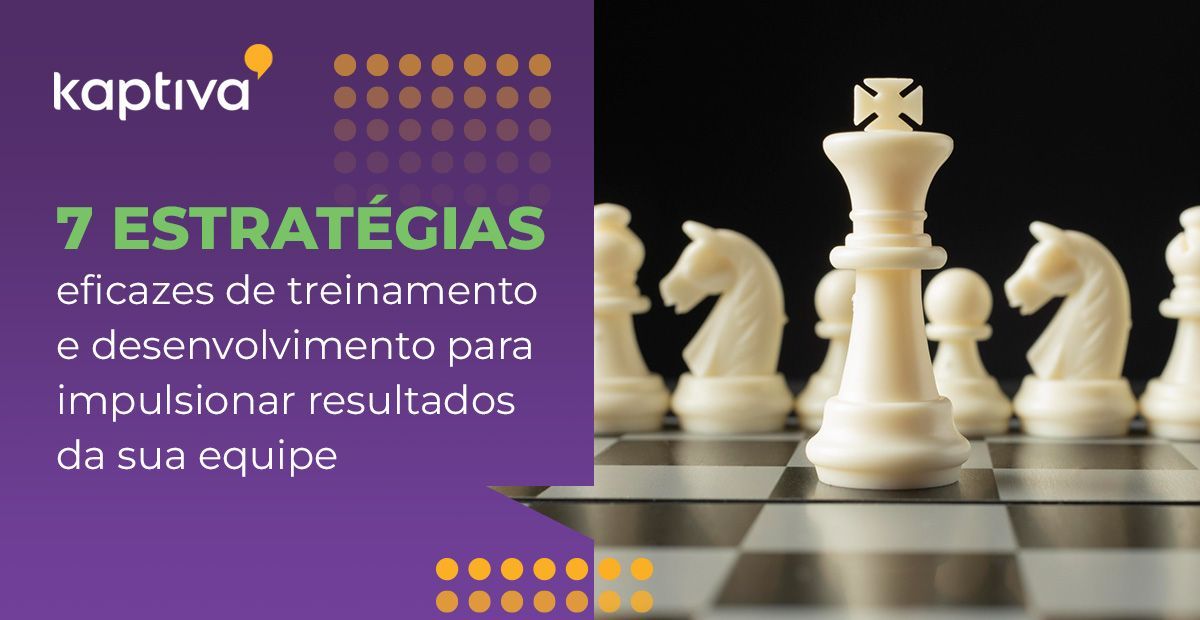 Chess pieces, with a focus on the white King, on a chessboard. Text: 7 effective team training and development strategies.