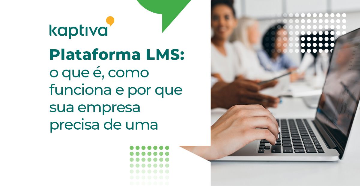 Banner roxo sobre plataformas LMS ilustrado com uma pessoa utilizando um notebook.