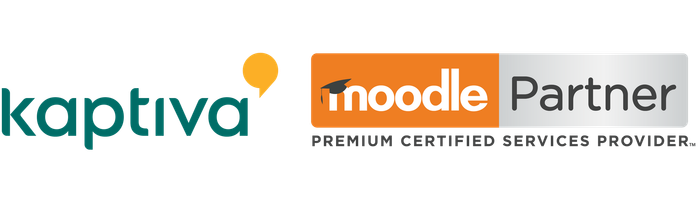 Logotipo da Kaptiva e do Moodle como parceiros. O logotipo do Moodle inclui um chapéu de formatura. Texto 