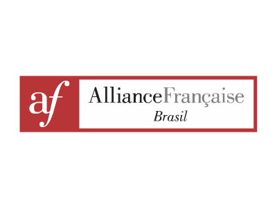 Logotipo da Alliance Française Brasil: retângulo vermelho com as iniciais "af" e a inscrição "Alliance Française Brasil" em branco.