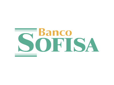 Logotipo do Banco Sofisa, apresentando o nome em verde e dourado, com pilares estilizados.