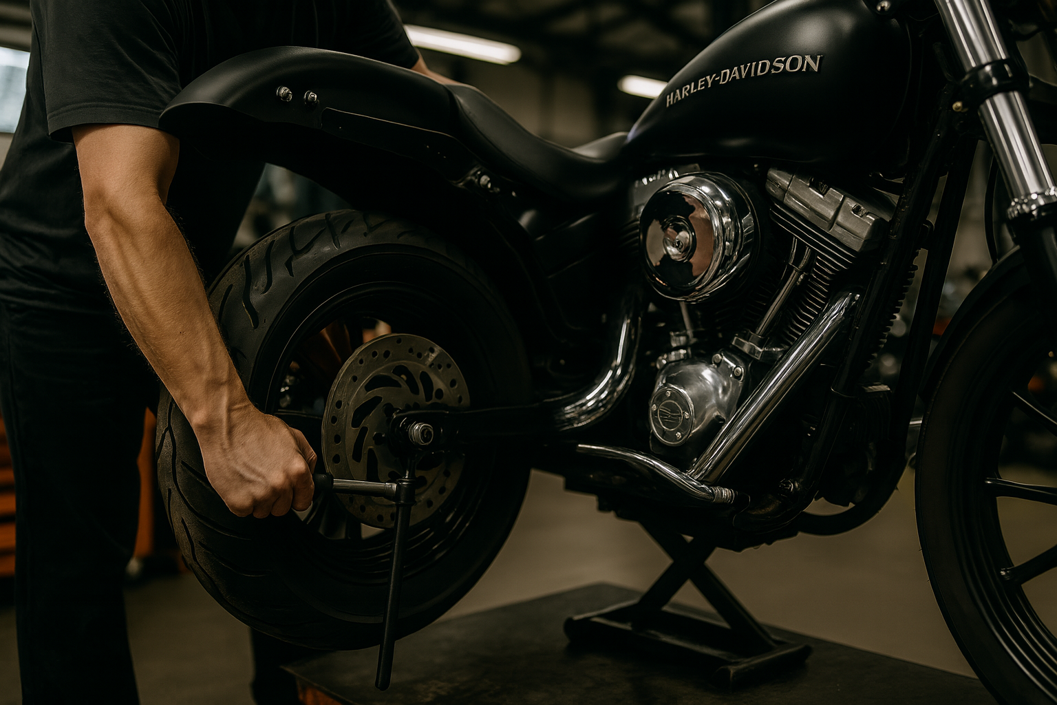 Un meccanico lavora sulla ruota posteriore di una Harley-Davidson nera in un'officina. Il meccanico usa uno strumento per stringere la ruota.