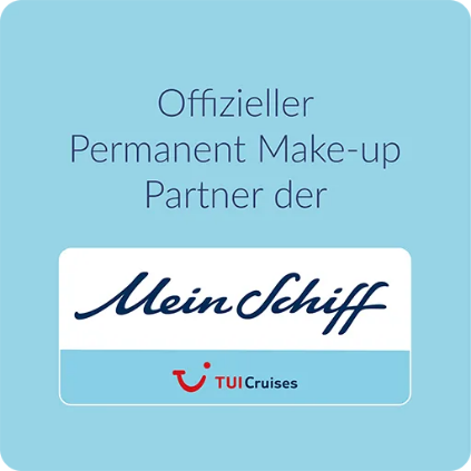 Ein blau-weißes Schild mit der Aufschrift Permanent Make-up Partner der Mein Schiff