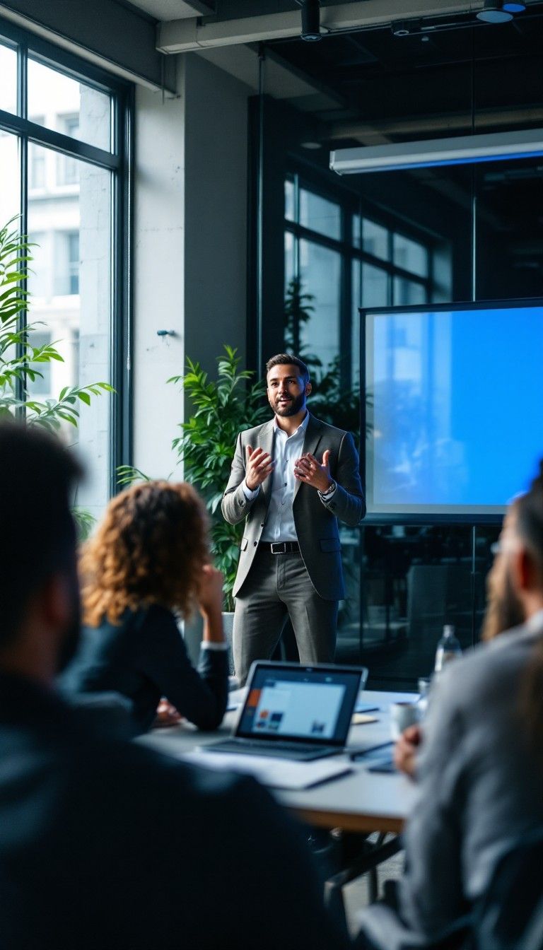 Homem de terno faz apresentação para colegas em um escritório moderno.