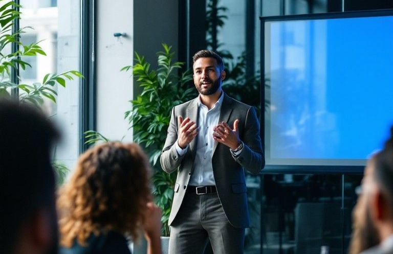 Homem de terno faz apresentação para colegas em um escritório moderno.
