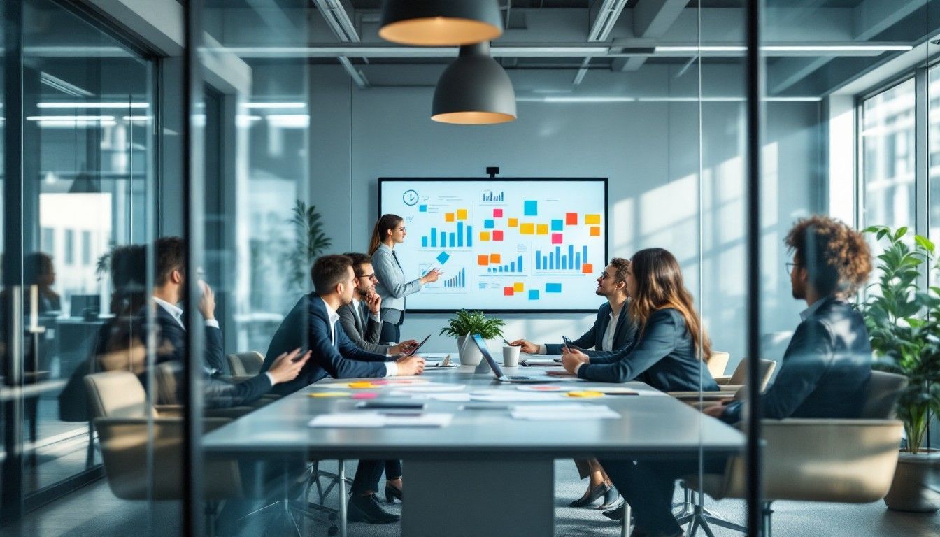 Equipe de negócios em uma sala de conferências com paredes de vidro; mulher apresentando dados em uma tela, outros sentados ao redor de uma mesa.