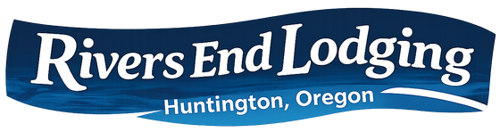 Rivers End Lodging logo in blue and white, with “Huntington, Oregon” below