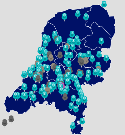 Kaart van Nederland met pinnetjes van, Koel- en vrieshuizen, geassosieerde leden partners en preferred suppliers