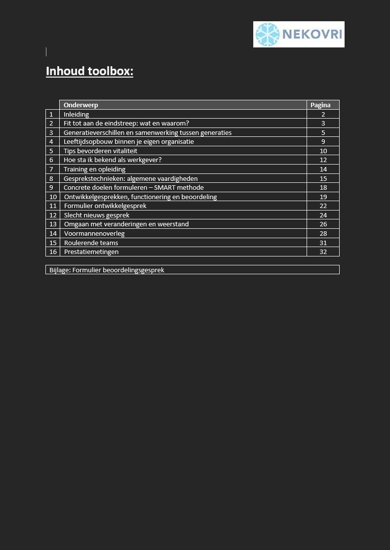 Een zwart-witpagina met daarop een inhoudsopgave.