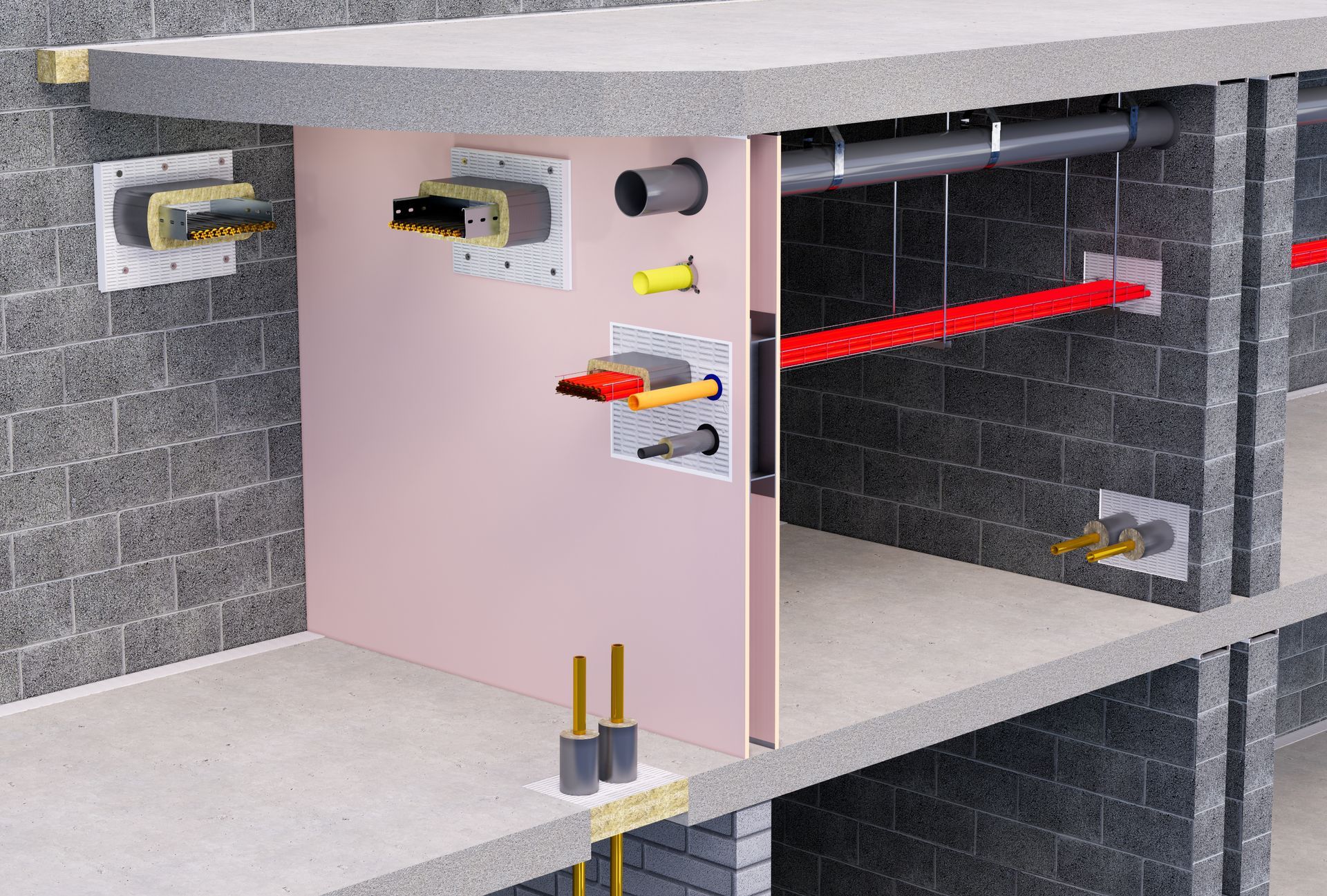 3D cross-section of Nullifire fire stopping showing sealed pipes and cables passing through fire-rated construction.