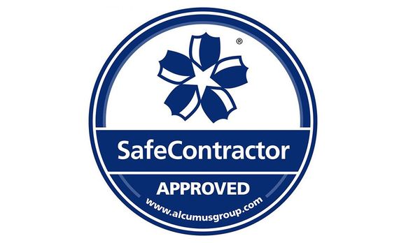 SafeContractor APPROVED badge, blue and white, circular, with a stylized flower.