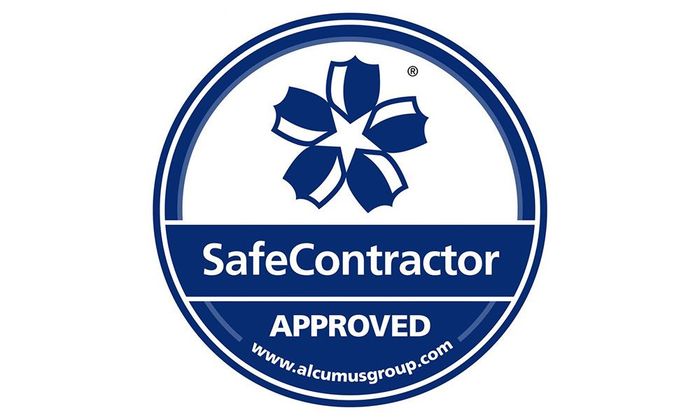 SafeContractor APPROVED badge, blue and white, circular, with a stylized flower.