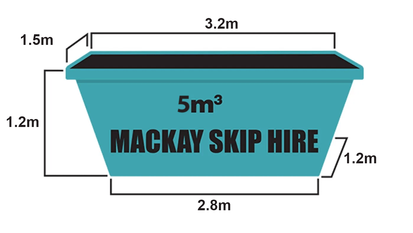 Blue Skip Bin With Dimensions and a Capacity of 5 Cubic Meters — Mackay Skip Hire In Andergrove, QLD