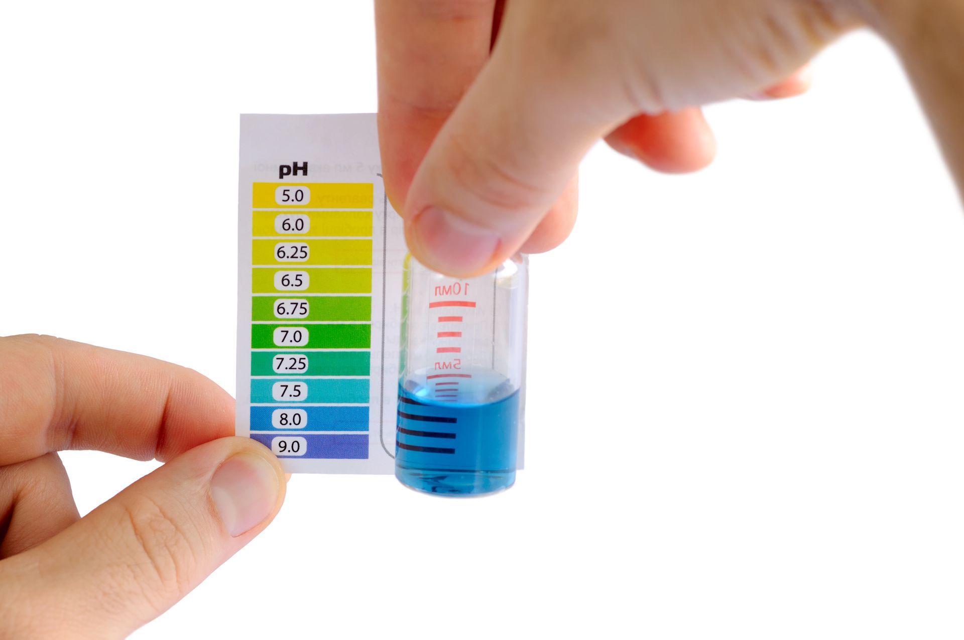 A gloved hand holds a beaker of clear liquid near a scientific water quality meter in a laboratory setting.