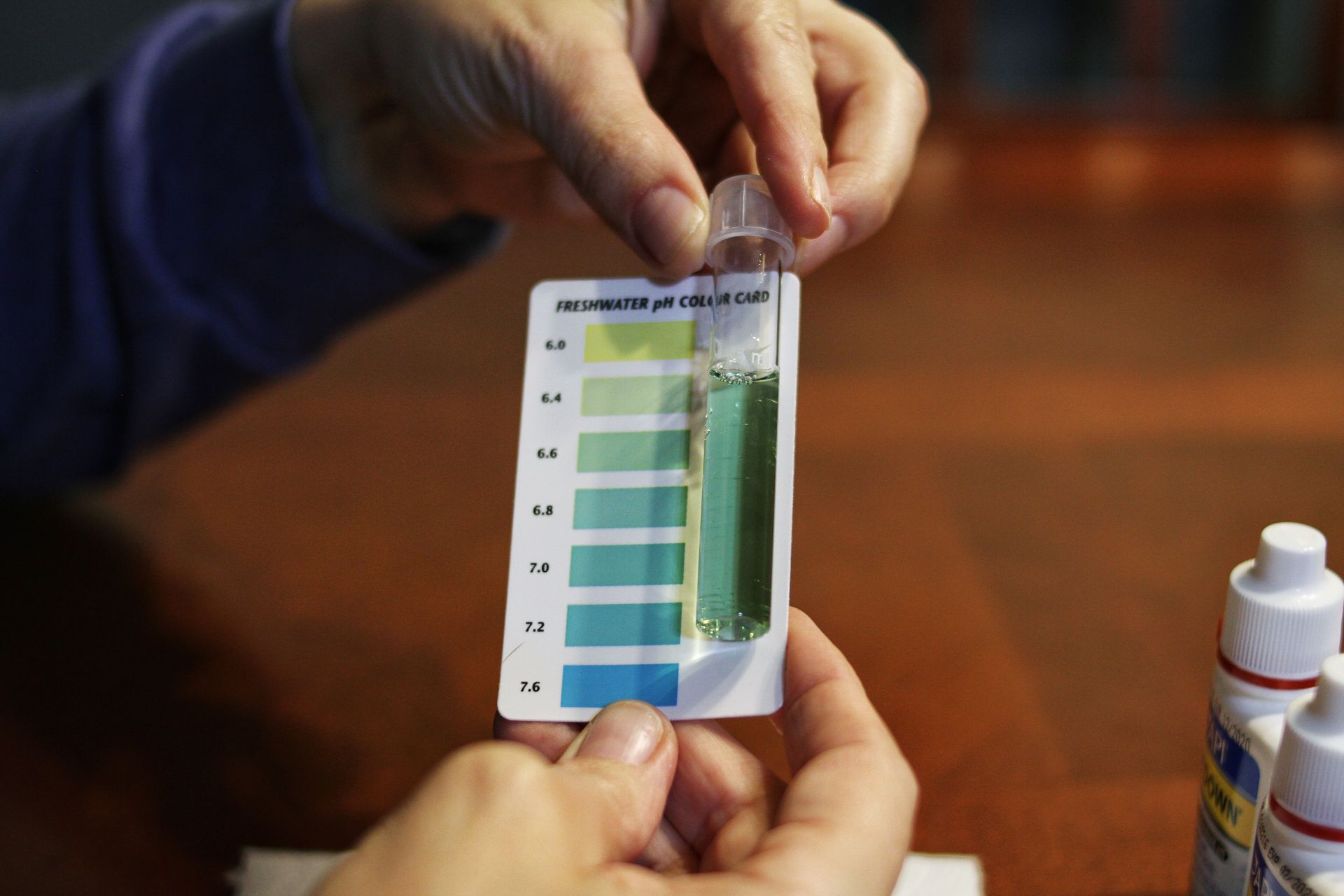 A person compares a green liquid in a test tube to a color-coded pH chart.