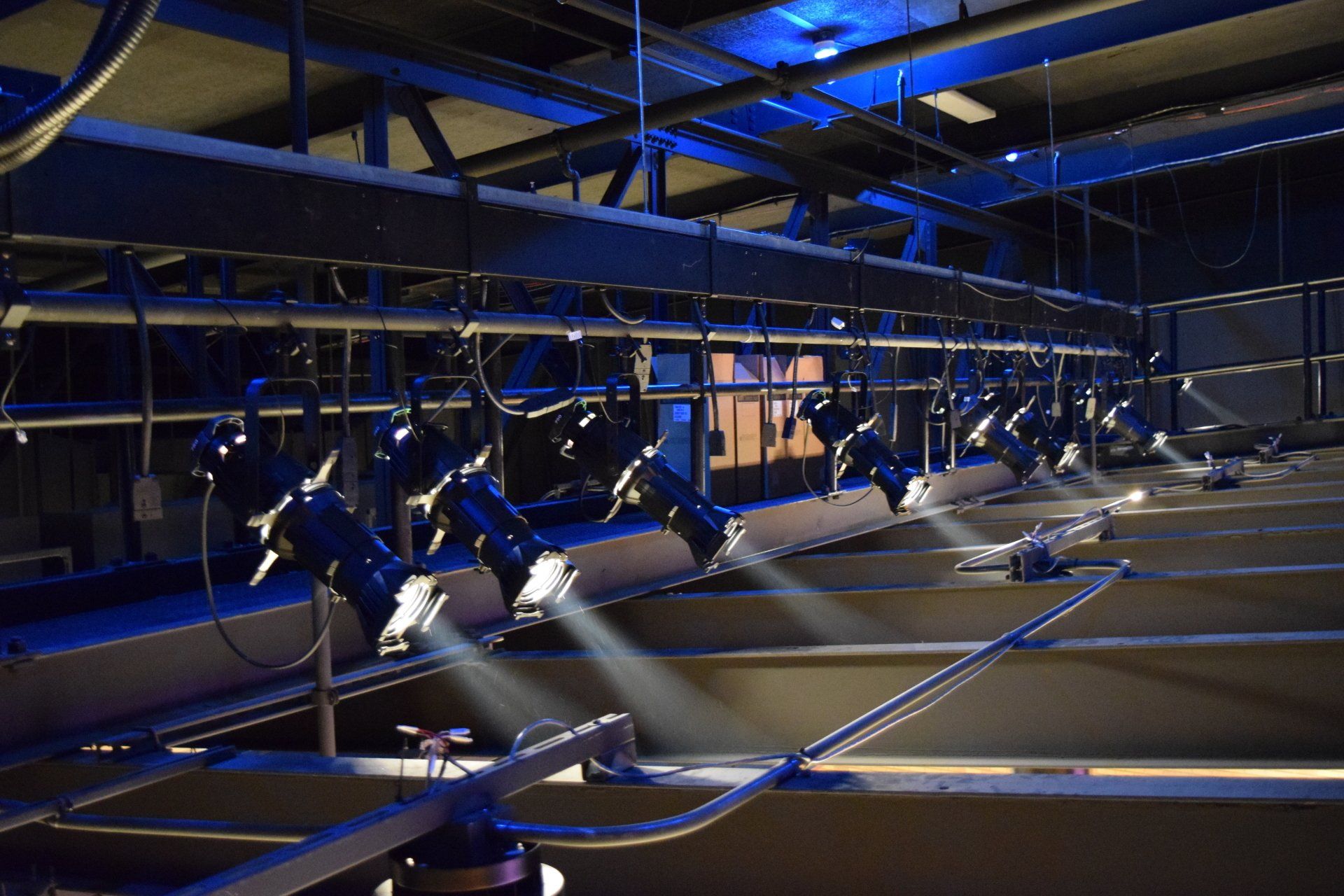 A row of lights hanging from the ceiling of a building