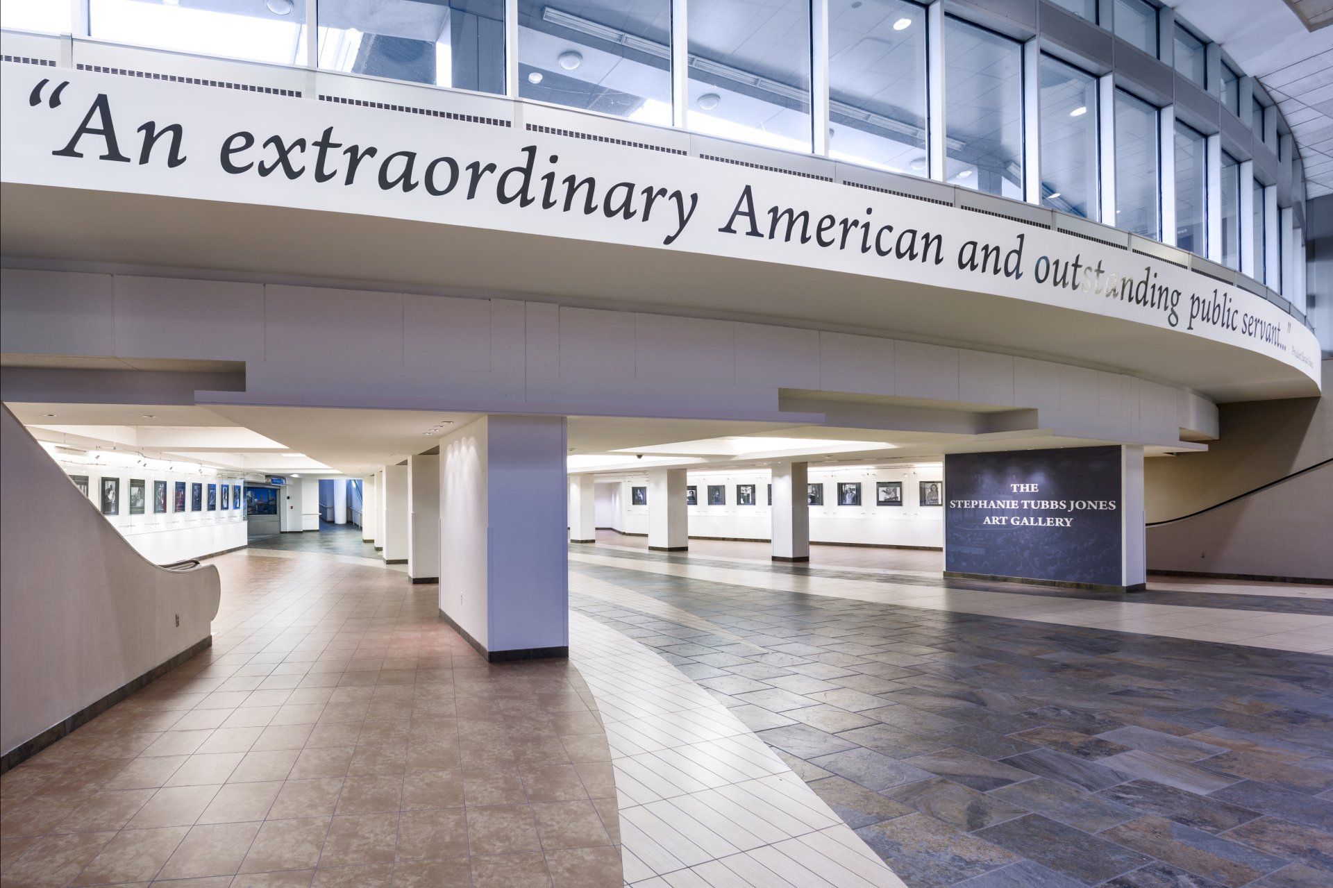 An empty hallway with a sign that says 