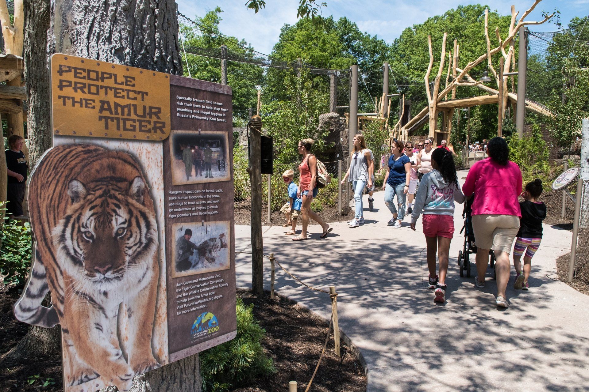 A group of people are walking down a path in a zoo.