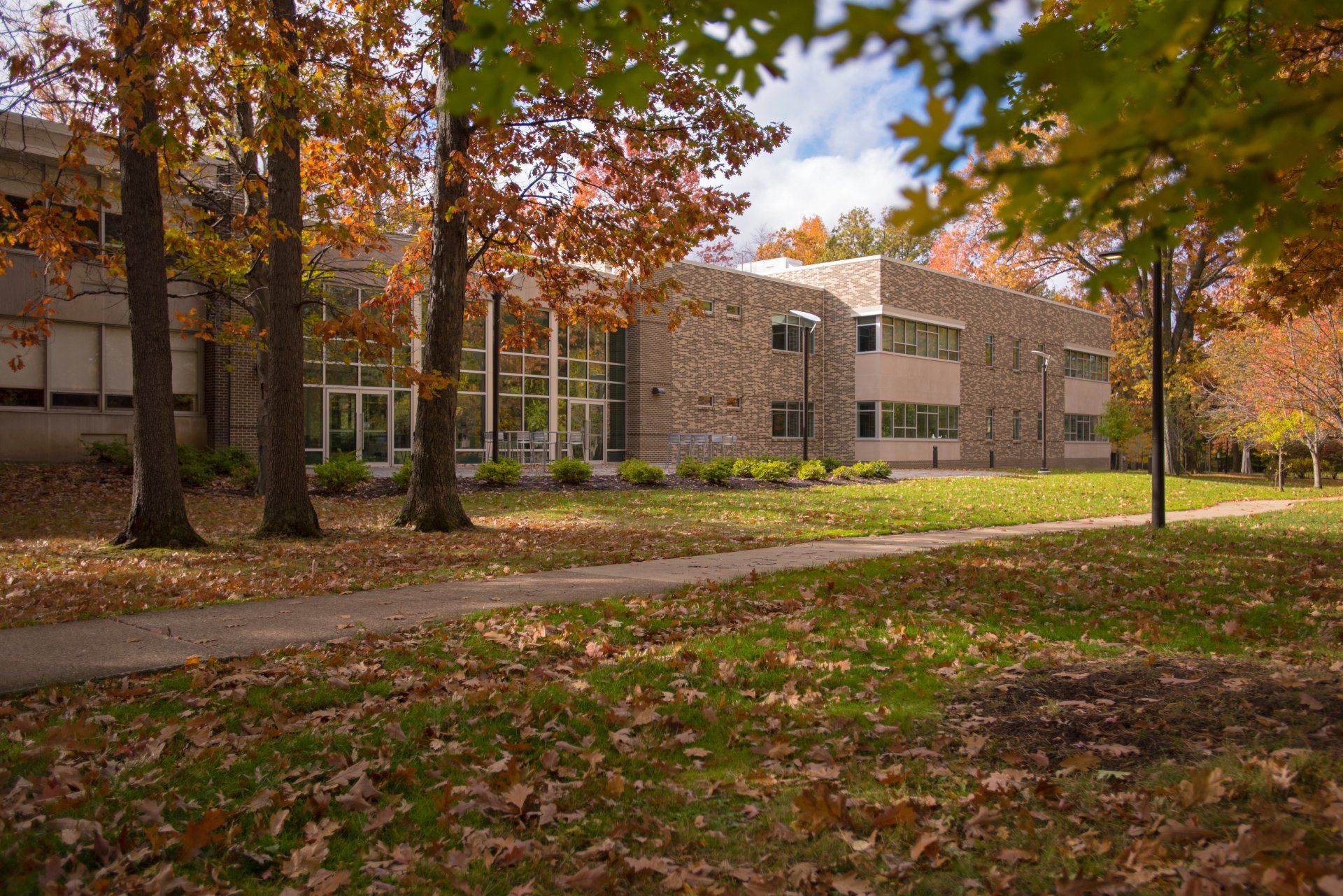 A large building with a lot of windows is surrounded by trees and leaves.