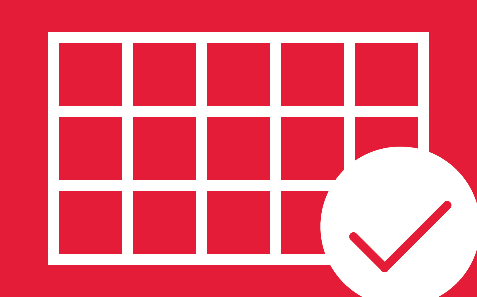 A red background with white squares and a check mark in a circle.