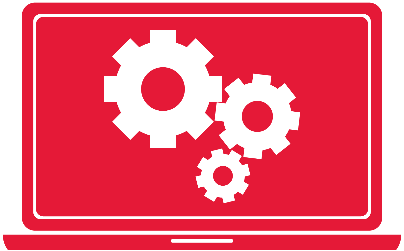 A red laptop with three white gears on the screen.